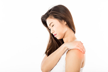 Obraz premium Asian Woman have a shoulder pain,Isolated on white background,Healthcare Office syndrome concept