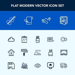 Modern, simple vector icon set with clothes, ironing, tool, iron, sound, music, domestic, security, birdhouse, action, message, frame, pen, roll, cable, roller, destination, technology, house icons