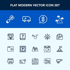 Modern, simple vector icon set with folder, location, landscape, street, old, price, nature, transport, post, label, white, phone, communication, telephone, book, office, car, paper, envelope icons
