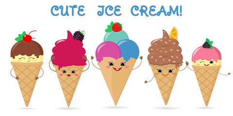 A set of five different sweet ice cream smiley on a background with text. Cartoon Style. Flat , vector illustration.