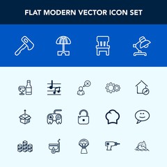 Modern, simple vector icon set with box, music, axe, hammer, red, lamp, cardboard, glass, umbrella, summer, action, house, note, sound, package, construction, home, screwdriver, security, cancel icons