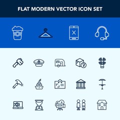 Modern, simple vector icon set with , axe, headset, tool, business, package, transportation, box, hat, technology, mug, coffee, shovel, cancel, hanger, call, cafe, identity, drink, connection icons