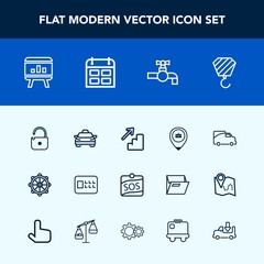 Modern, simple vector icon set with security, wheel, bank, transport, helm, nautical, day, faucet, lorry, business, safe, location, infographic, protection, upstairs, taxi, calendar, up, water icons