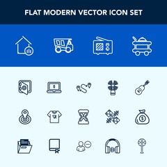 Modern, simple vector icon set with antenna, hotel, real, house, banking, service, travel, seamark, technology, center, room, sea, guitar, safety, hour, notebook, tshirt, cycle, laptop, bed, map icons