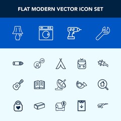 Modern, simple vector icon set with adventure, horizontal, repair, satellite, falling, lamp, tool, equipment, guitar, dish, business, white, travel, style, gun, freelance, light, computer, music icons