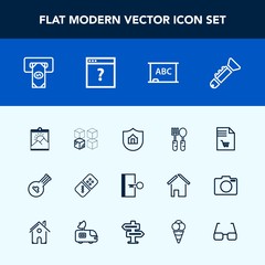 Modern, simple vector icon set with shopping, finance, frame, domino, instrument, relocation, home, package, blank, board, spoon, music, folk, cardboard, trumpet, exit, atm, white, dinner, black icons