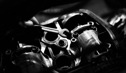 Plakat valves engine bike close up timing mechanism disassemble black and white photo
