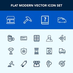 Modern, simple vector icon set with traffic, travel, protect, hospitality, shop, vehicle, van, airplane, paper, bank, film, protection, finance, service, property, hour, plane, victory, uniform icons