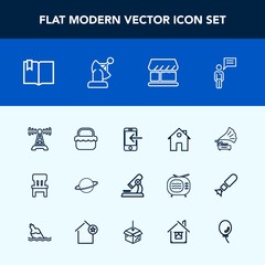 Modern, simple vector icon set with earth, picnic, research, music, retro, chair, science, vintage, real, station, internet, food, home, estate, transfer, chat, space, technology, person, house icons