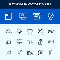 Modern, simple vector icon set with communication, saw, transport, shop, real, bulb, traffic, electric, technology, sale, template, weapon, pc, home, telephone, online, setting, call, estate icons
