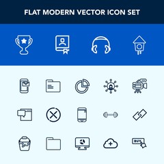 Modern, simple vector icon set with technology, blank, sign, audio, message, office, video, paper, camera, chart, award, screen, house, microphone, file, place, stop, lens, tripod, display, cell icons