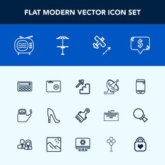 Modern, simple vector icon set with button, antenna, phone, file, style, mobile, touchscreen, cell, hot, upstairs, dish, paper, steam, calculator, downstairs, kitchen, fashion, frame, office, tv icons