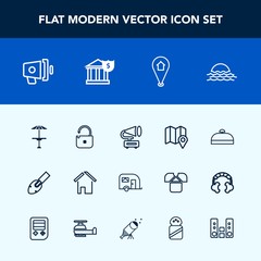 Modern, simple vector icon set with van, nature, traffic, travel, house, map, vehicle, bar, construction, finance, vintage, landscape, transportation, architecture, table, light, cafe, location icons