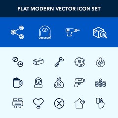 Modern, simple vector icon set with brick, nature, mug, hand, headset, office, security, banking, cup, drink, sign, trend, report, work, cartoon, material, business, cafe, social, key, forest icons