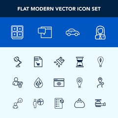 Modern, simple vector icon set with location, employee, landscape, profile, shopping, hourglass, environment, list, interior, online, pin, forest, clock, bank, hour, movie, supermarket, nature icons