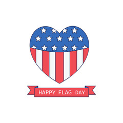 Happy holiday poster. Colors of USA flag in heart shape. Colorful design idea on June 14th greeting card, party celebration background. American Flag Day sale decorative banner. Vector illustration