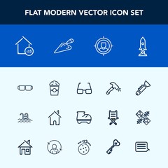 Modern, simple vector icon set with target, cup, price, business, craft, rocket, pool, white, beautiful, sun, property, trumpet, drink, sunglasses, bugle, marketing, customer, eye, water, space icons
