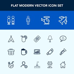 Modern, simple vector icon set with game, helicopter, electricity, plane, transport, domino, gift, girl, chat, cafe, glass, light, coffee, drink, white, message, outdoor, decoration, laptop, row icons