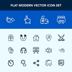 Modern, simple vector icon set with present, chart, pole, infographic, music, house, box, real, jazz, musical, technology, field, sound, pin, search, satellite, map, road, bugle, estate, home icons
