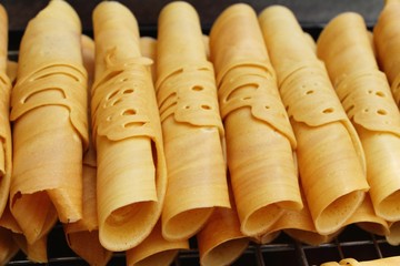 Pancakes roll filled with sausage is delicious