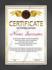Certificate of appreciation, diploma vertical template. Winning the competition. Award winner. Reward. Gold decorative elements. Vector