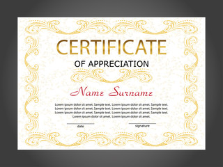 Certificate of appreciation, diploma template. Reward. Award winner. Winning the competition. Gold decorative elements. Vector