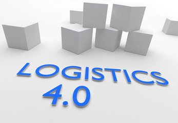 Logistics 4.0, words in blue letters in white setting with cubes, 3D rendering