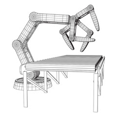Robotic arm manufacture technology industry assembly mechanic hand and regular empty roller conveyor section wireframe low poly mesh vector illustration
