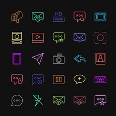 Modern Simple Colorful Set of chat and messenger, video, photos, email Vector outline Icons. Contains such Icons as  electronic,  camera, hd and more on dark background. Fully Editable. Pixel Perfect