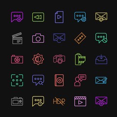 Modern Simple Colorful Set of chat and messenger, video, photos, email Vector outline Icons. Contains such Icons as  text,  sms,  mail, hdr and more on dark background. Fully Editable. Pixel Perfect