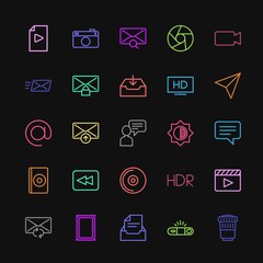 Modern Simple Colorful Set of chat and messenger, video, photos, email Vector outline Icons. Contains such Icons as  theater, hd,  shot, lens and more on dark background. Fully Editable. Pixel Perfect