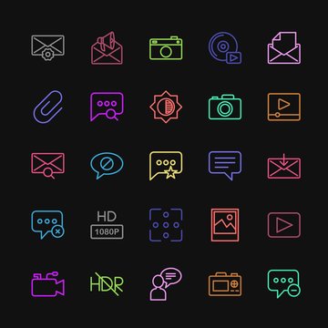 Modern Simple Colorful Set of chat and messenger, video, photos, email Vector outline Icons. Contains such Icons as  internet,  travel,  cd and more on dark background. Fully Editable. Pixel Perfect