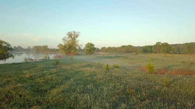 Bird's Eye Aerial Flight View On Spill Desna River From Drone, Ukraine
