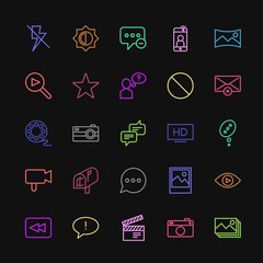 Modern Simple Colorful Set of chat and messenger, video, photos, email Vector outline Icons. Contains such Icons as  social,  flash, selfie and more on dark background. Fully Editable. Pixel Perfect