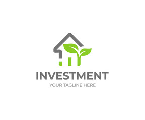 Property investment logo template. House and growth graph with sprout vector design. Investing in real estate logotype