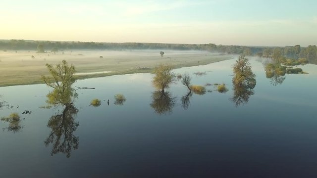 Bird's Eye Aerial Flight View On Spill Desna River From Drone, Ukraine