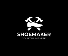 Shoemaker logo template. Shoe repair vector design. Male shoe and hammer logotype