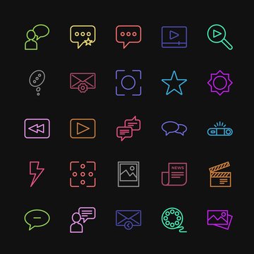 Modern Simple Colorful Set of chat and messenger, video, photos, email Vector outline Icons. Contains such Icons as sms,  web,  mail,  cinema and more on dark background. Fully Editable. Pixel Perfect
