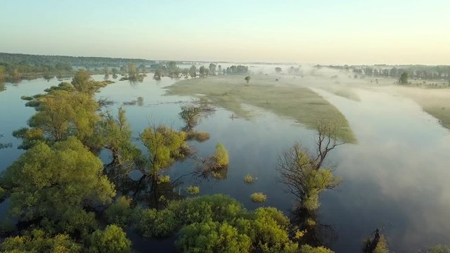 Bird's Eye Aerial Flight View On Spill Desna River From Drone, Ukraine