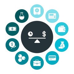 business, science, money Infographic Colorful fill Icons Set. Contains such Icons as  machine,  research, suitcase, wealth,  concept,  chemistry,  briefcase and more. Fully Editable. Pixel Perfect