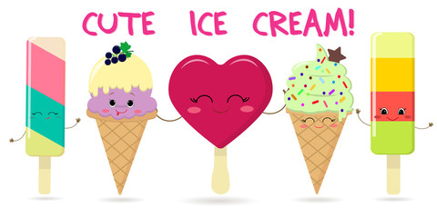 A set of five different sweet ice cream smiley on a background with text. Cartoon Style. Flat , vector illustration.