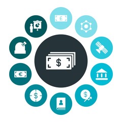 business, science, money Infographic Colorful fill Icons Set. Contains such Icons as satellite,  finance,  cash,  phone,  pound,  savings,  element,  astronomy and more. Fully Editable. Pixel Perfect