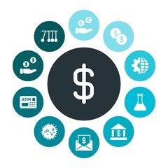 business, science, money Infographic Colorful fill Icons Set. Contains such Icons as  metal,  concept,  biology, pendulum,  experiment,  motion,  communication and more. Fully Editable. Pixel Perfect