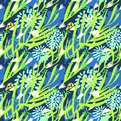 Floral seamless pattern with bugs, beetles, ladybirds, butterflies. Background in decorative hand drawn style