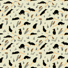 Seamless pattern with rats. Cute hand drawn background with cute rodents on the meadow.