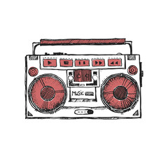 Retro record player. Doodle style modern original illustration. Drawn by hand old school boombox.