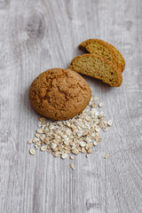 Homemade cookies and muesli on a wooden background