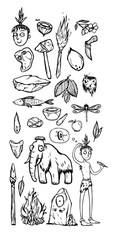 Prehistoric life of the caveman in Stone Age. A set of icons, stickers. Things, animals and one man from Stone Age life. Cartoon doodle illustration. Black and white. can be used for coloring.