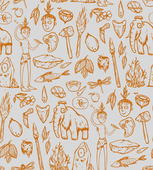 Seamless texture with prehistoric life of the caveman in Stone Age. Repeating background. Tile pattern.