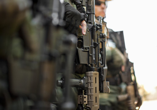 Close up of soldiers standing in row